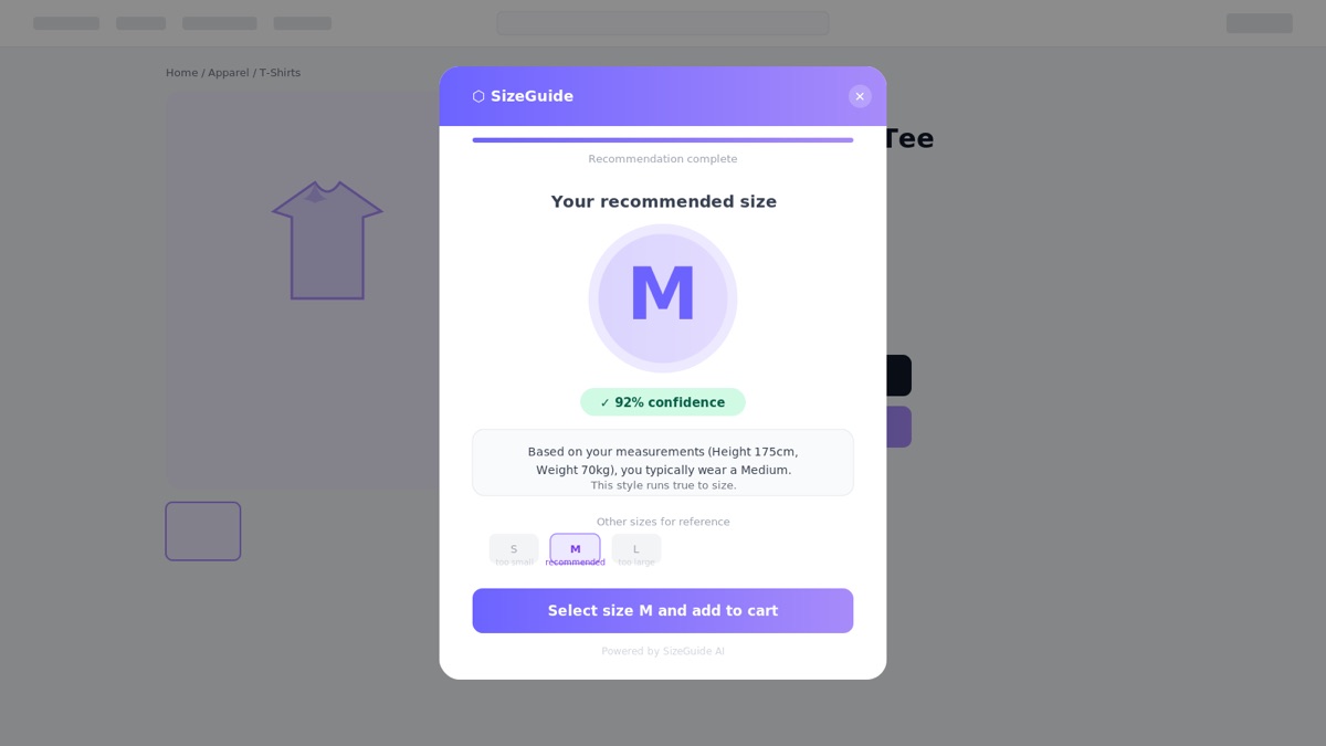 Modale SizeGuide sur une fiche produit : taille recommandée avec 92% de confiance