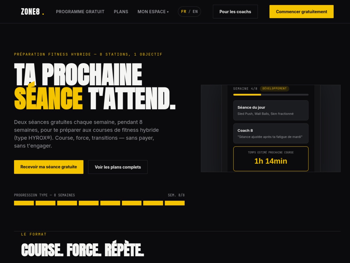 Site Zone8 : plateforme de préparation au fitness hybride (type HYROX) — programmes, plans, séance du jour